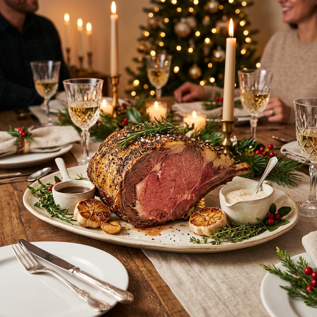 Carved prime rib roast on dining table